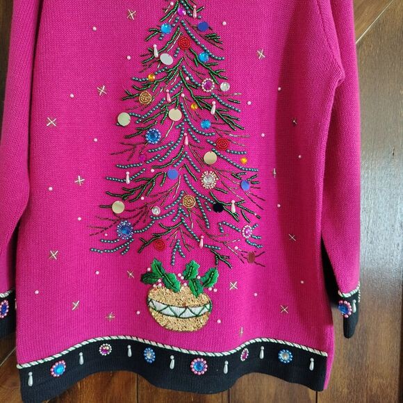 Vtg BP Design Christmas Tree Sweater Embellished Beaded Flashy Colorful Large - Picture 3 of 11